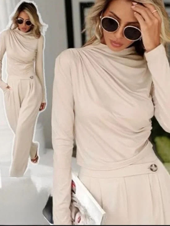 Long Sleeve Draped Neck Top in Light Beige - Picture 4 of 17